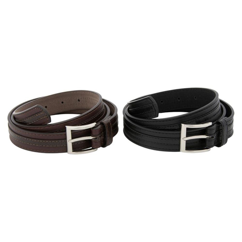 Men's Black and Brown 2pc Leather Belt Set with Polished Chrome Frame Buckle, 40